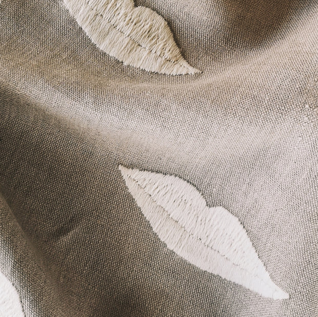 Soft White - Embroidered Lips Fabric - Wool on Flax Linen | Supply Showroom