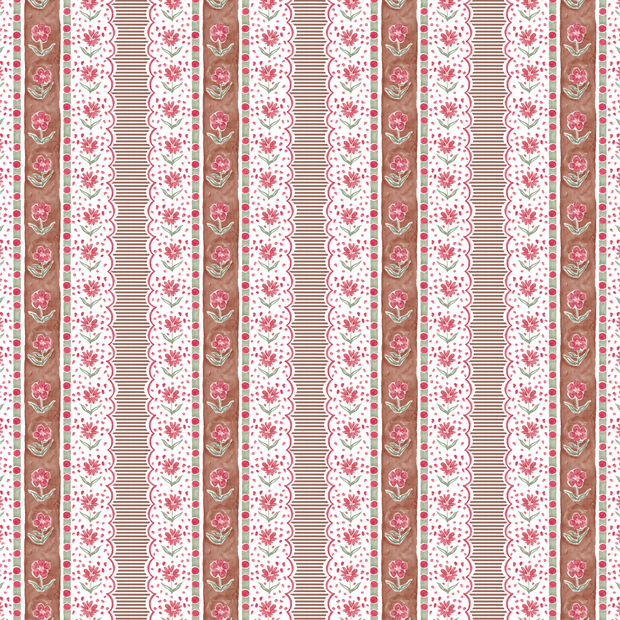 A wallpaper with a floral pattern featuring pink flowers and green leaves on a brown background - Mahogany Wallpaper – English Cottage Collection | Timeless Wallcovering