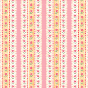 A wallpaper with a floral pattern featuring pink and red flowers on a yellow and white striped background- Red Wallpaper – English Cottage Collection | Timeless Designer Style