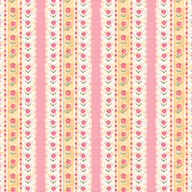 A wallpaper with a floral pattern featuring pink and red flowers on a yellow and white striped background- Red Wallpaper – English Cottage Collection | Timeless Designer Style