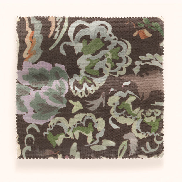 A yard of Bloomsbury Petite pattern fabric featuring a floral design in a mix of blue, brown, green, and purple colors on a brown background.