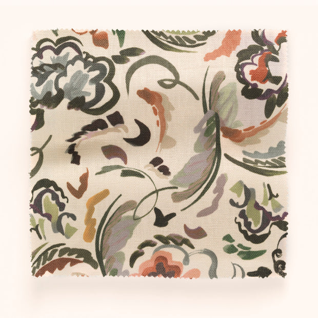 A yard of Bloomsbury Petite pattern fabric featuring a floral design in beige, blush, green, multi, pink, purple, red, teal, and yellow on a white background.