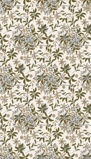 A section of wallpaper with a floral pattern featuring olive green and white flowers and a daisy chain design.