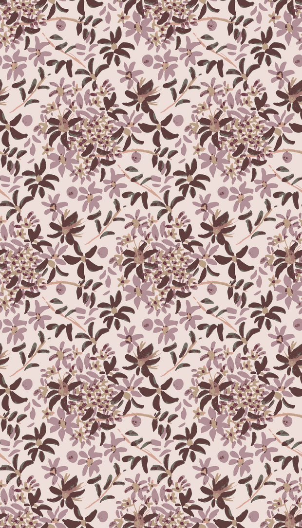 A section of wallpaper with a floral pattern in mauve, brown, and white colors - Daisy Chain Mauve Wallpaper – Elegant Floral Double Roll