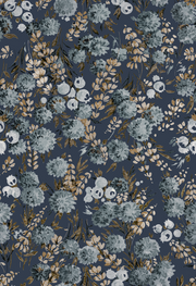 A navy-colored wallpaper with a floral pattern featuring peony flowers in shades of cream, brown, and blue.