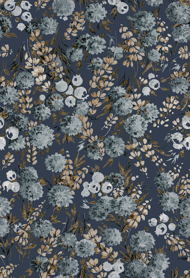 A navy-colored wallpaper with a floral pattern featuring peony flowers in shades of cream, brown, and blue.