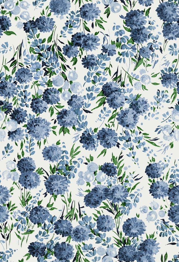A roll of wallpaper featuring a floral pattern with blue flowers and green leaves on a cream background - Peony Parade Soft Blue Wallpaper – Luxury Floral Non-Woven Wall Décor