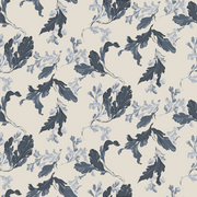 A wallpaper with a floral pattern featuring oak leaves in shades of blue and green on a cream background.