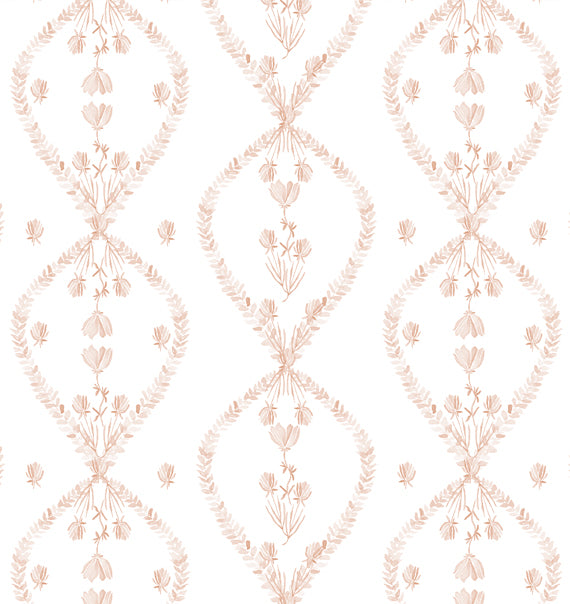 A section of wallpaper displaying a floral pattern with light pink elements on a white background.
