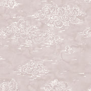 A section of wallpaper with a white cloud-like pattern on a blush pink background - Dusk – Halcyon Wallpaper | Half Drop Match | 28" Trimmed | Sold by Yard