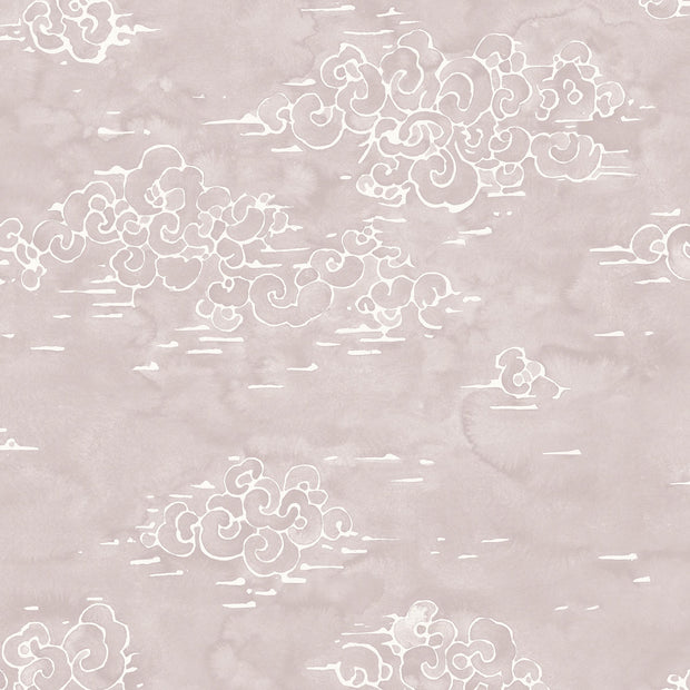 A section of wallpaper with a white cloud-like pattern on a blush pink background - Dusk – Halcyon Wallpaper | Half Drop Match | 28" Trimmed | Sold by Yard