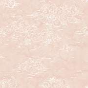 A blush pink wallpaper with a white floral pattern.