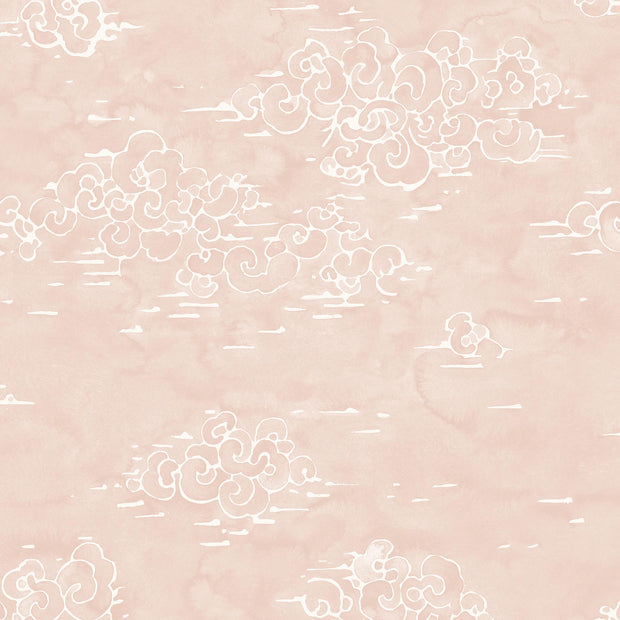 A blush pink wallpaper with a white floral pattern.