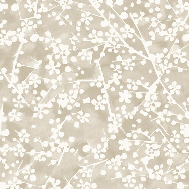 A yard of wallpaper with a subtle white floral pattern on a grey background.