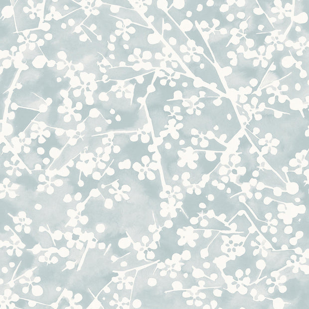 A section of wallpaper with a floral pattern in shades of blue and white - Raindrop – Sunlit Wallpaper | 28" Trimmed Width | Sold by Yard