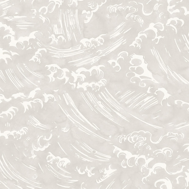 A yard of wallpaper with a silver color featuring a white, ocean wave pattern - Silver – Tempest Wallpaper | 28" Trimmed Width | Half-Drop Match