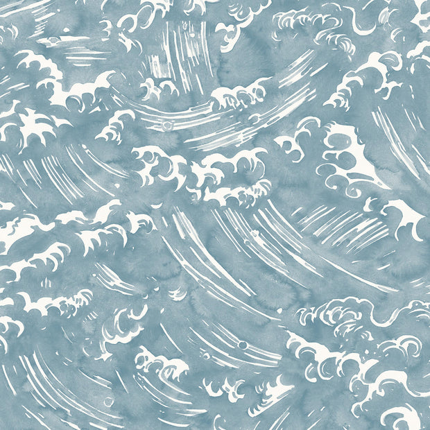 A yard of wallpaper with a blue and white ocean wave pattern - Umi – Tempest Wallpaper | 28" Trimmed Width | 36" Repeat | Half-Drop