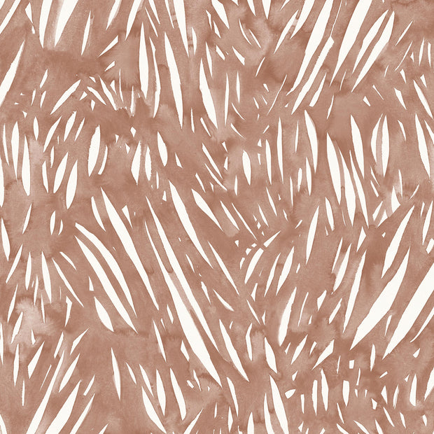A yard of Windswept wallpaper with an abstract geometric pattern in brown, maroon, and white colors.