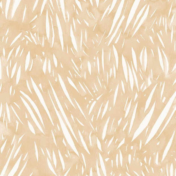 A yard of wallpaper with a geometric pattern featuring abstract, grass-like shapes in white on a yellow background -Ko Wallpaper – Windswept Design, Half-Drop Match, Sold by Yard
