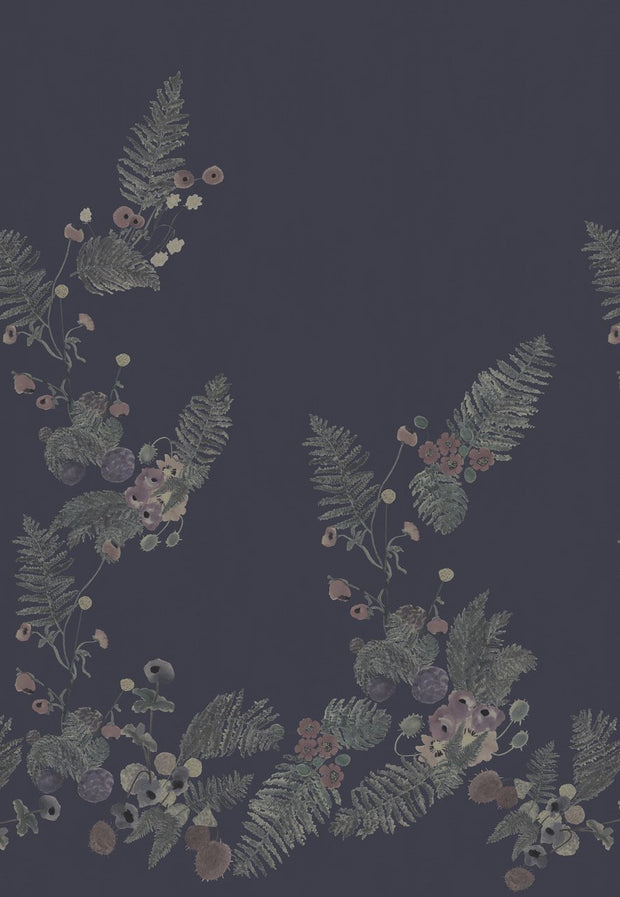 Navy wallpaper with a floral pattern featuring various green and red flowers and fern-like leaves. Slate Wallpaper – Fernebana | Clay Coated Panel Design