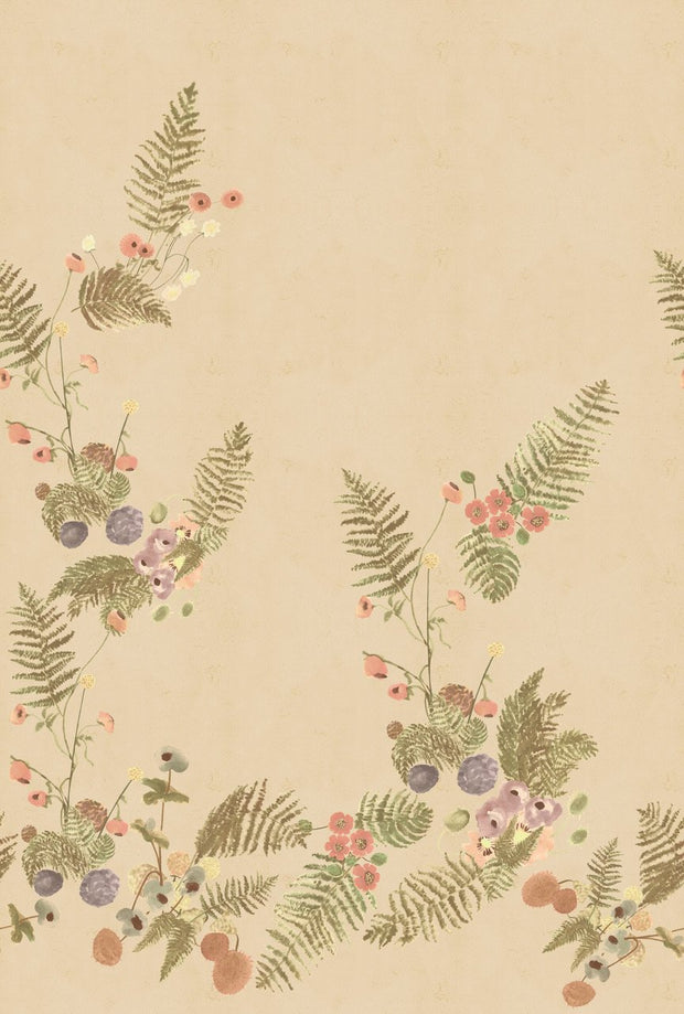 A section of wallpaper with a floral pattern featuring various green and beige flowers and leafy designs on a beige background.