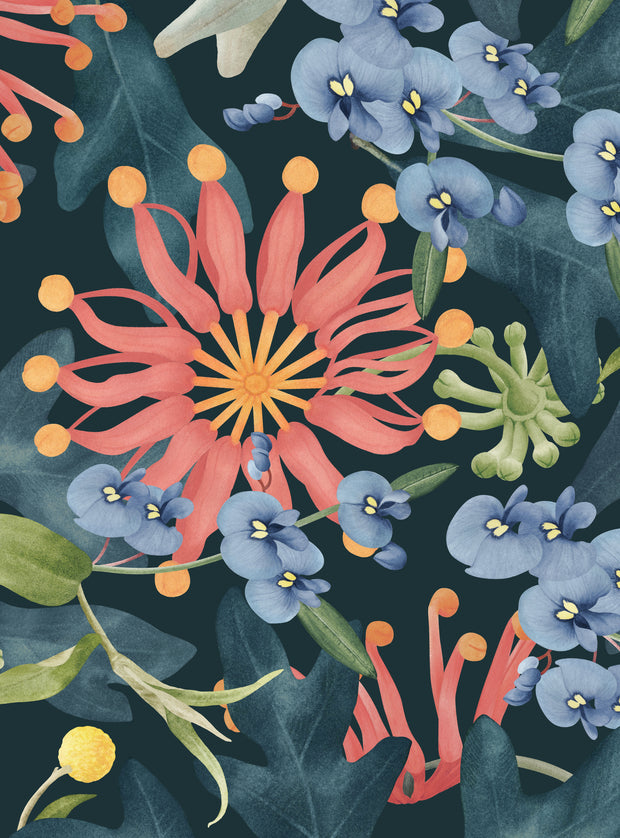 A wallpaper featuring a vibrant floral pattern with prominent blue flowers, orange centers, and green and yellow accents on a dark background.