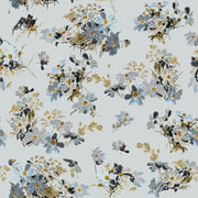 A wallpaper with a floral pattern featuring various flowers in shades of blue, green, and gray. Flowery Fields Wallpaper – Blue | Elegant Floral Wall Mural by Roll