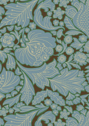 A fabric featuring a traditional floral pattern in blue, green, and brown colors.