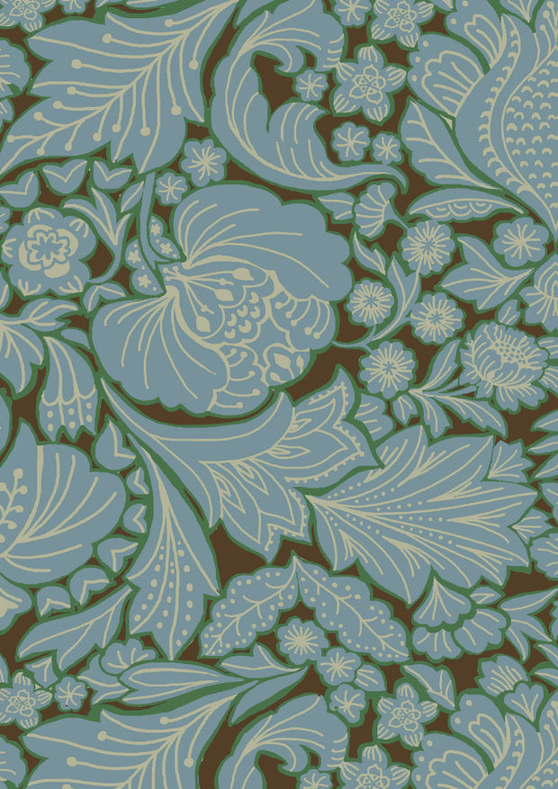 A fabric featuring a traditional floral pattern in blue, green, and brown colors.