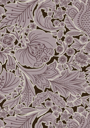 A fabric featuring a floral pattern with purple and brown colors.