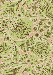 Fabric with a folk floral pattern in shades of green, light pink, and brown.