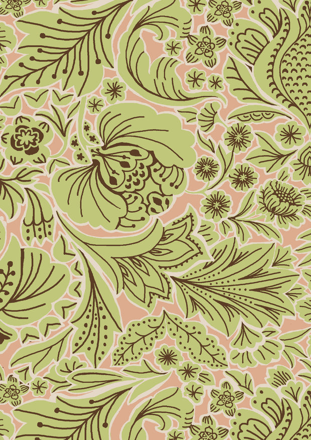 Fabric with a folk floral pattern in shades of green, light pink, and brown.