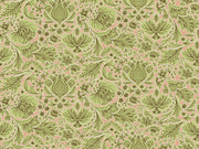 Fabric with a folk floral pattern in shades of green, light pink, and brown.