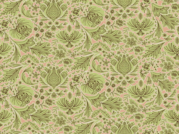 Fabric with a folk floral pattern in shades of green, light pink, and brown.
