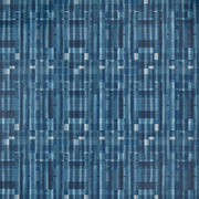 A close-up view of a section of dark blue wallpaper with a geometric plaid pattern.