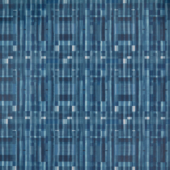 A close-up view of a section of dark blue wallpaper with a geometric plaid pattern.