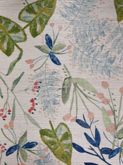 A section of wallpaper with a floral pattern featuring various colors including blue, green, and pink.