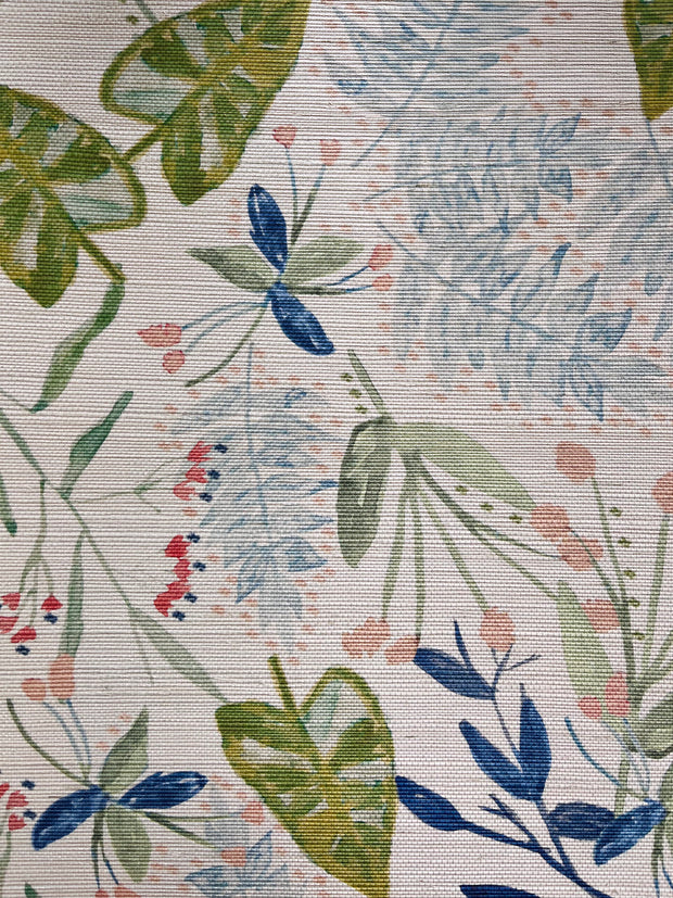 A section of wallpaper with a floral pattern featuring various colors including blue, green, and pink.