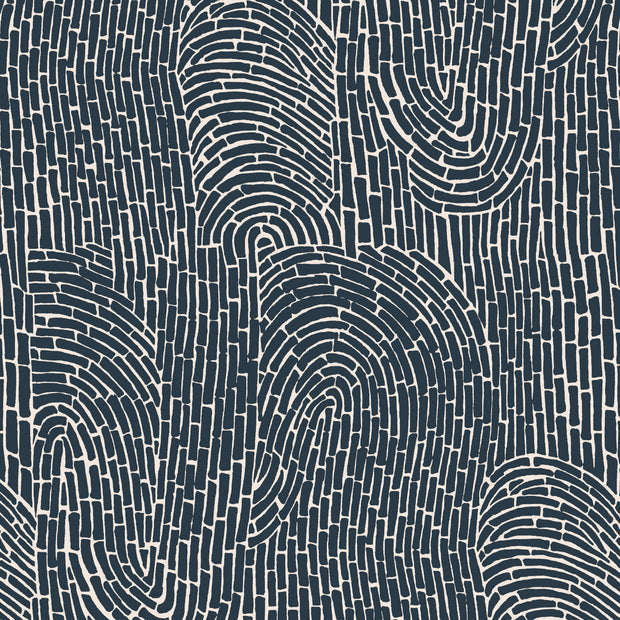 A close-up view of a wallpaper with an abstract geometric pattern in blue and white tones - Moonflower Garden Party Wallpaper – Panels, 54” Width, Clay Coated