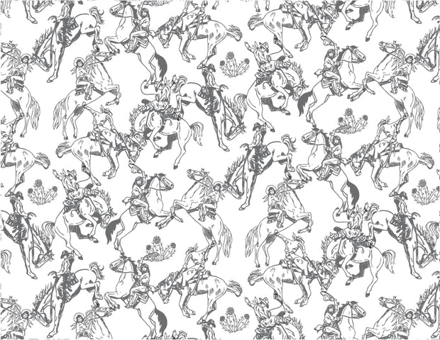 A wallpaper pattern featuring a repeated geometric design of horses and riders in various poses.