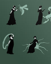 A set of four black and white images depicting a stylized woman with a large insect, and a large insect with a human-like figure. Grasshopper Wallpaper – Ms. Ward Botanical Wall Design Roll