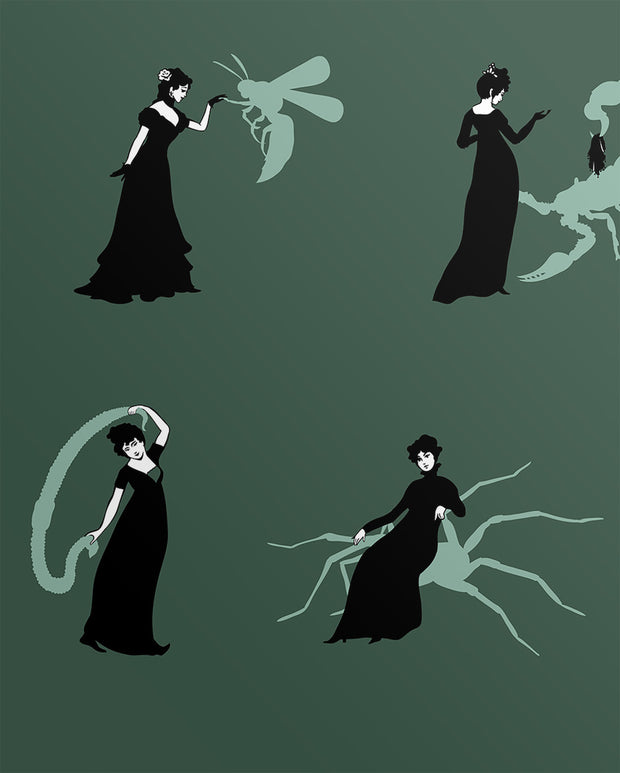 A set of four black and white images depicting a stylized woman with a large insect, and a large insect with a human-like figure. Grasshopper Wallpaper – Ms. Ward Botanical Wall Design Roll