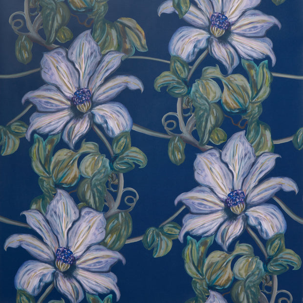 A section of wallpaper with a floral pattern featuring clematis flowers in shades of blue and green - Blue Gratis Clematis Wallpaper – 27" Wide Floral, Sold by Yard