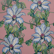A section of wallpaper with a floral pattern featuring clematis flowers in shades of pink, green, and blue - Pink Gratis Clematis Wallpaper – 27" Wide Floral, Sold by Yard