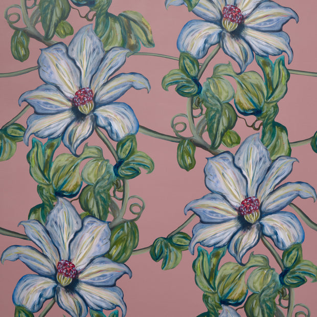A section of wallpaper with a floral pattern featuring clematis flowers in shades of pink, green, and blue - Pink Gratis Clematis Wallpaper – 27" Wide Floral, Sold by Yard
