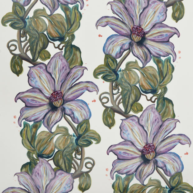 A section of wallpaper featuring a repeated floral pattern with purple and green colors and intricate details - White Gratis Clematis Wallpaper – 27" Wide, Sold by Yard