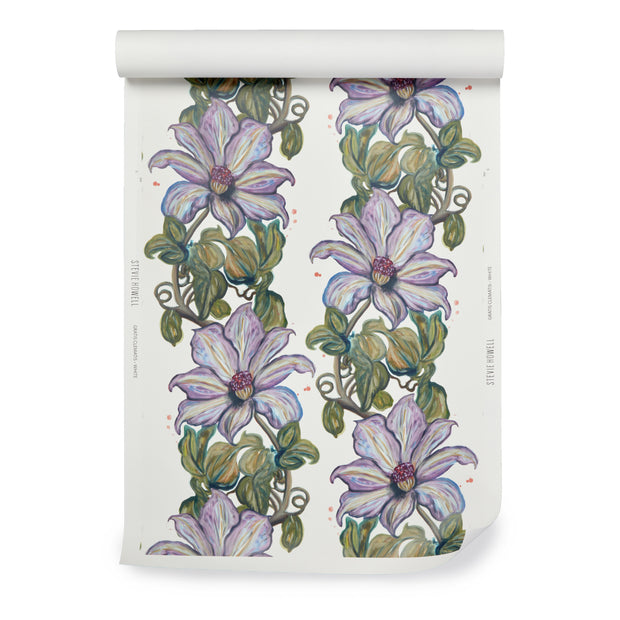 White Gratis Clematis Wallpaper – 27" Wide, Sold by Yard