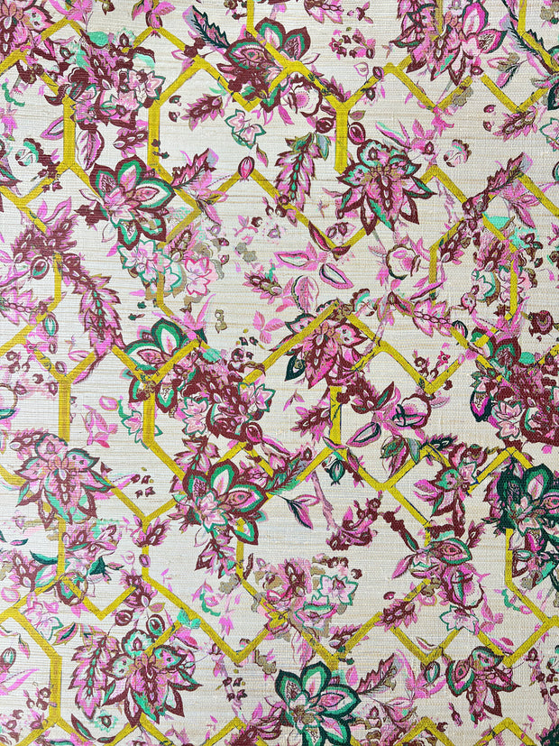 Saffron Rose Wallpaper – Creeping Trellis Grasscloth | Metallic Wallcovering