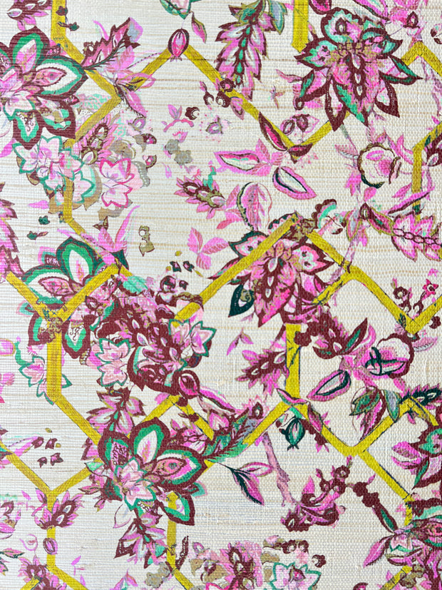Saffron Rose Wallpaper – Creeping Trellis Grasscloth | Metallic Wallcovering
