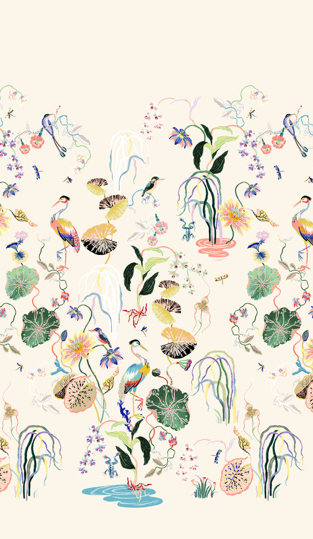 A wallpaper featuring a vibrant floral and botanical design with birds and other wildlife in a cream color palette. Heron Garden Wallpaper in Cream | Sarah Gordon Design